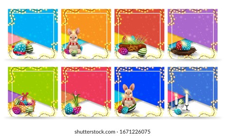 Large collection Easter square templates in material design with Easter icons, frame of garland and copy space