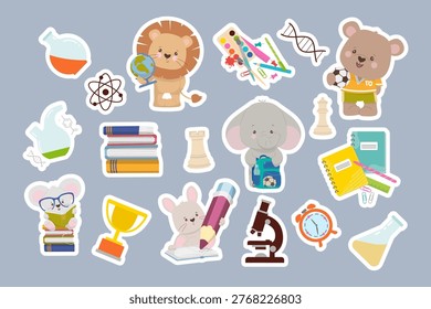 Large collection of education stickers featuring baby animals like a lion with globe a bear with football a rabbit with pencil and an elephant with backpack. The set includes various school icons such as microscope laboratory flasks books paints and trophies. Isolated flat vector illustrations with white borders on a neutral background for planners notebooks and kindergarten decor.