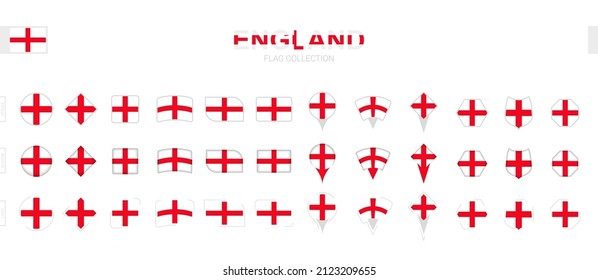 Large collection of England flags of various shapes and effects. Big set of vector flag.