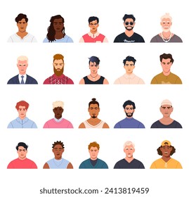 A large collection of faces of modern stylish men of different nationalities. A set of avatars, portraits of male characters of different appearance. Bright vector illustration in a flat style