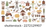 A large collection of farm or ranch objects, animals, plants and equipment. Set of cute flat elements for design. Rural lifestyle. Color simple clipart. Country household items