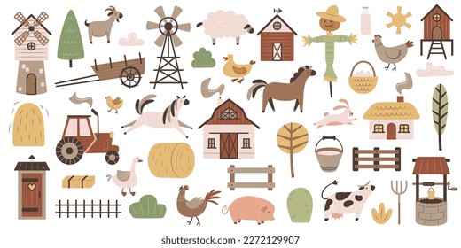 A large collection farm ranch objects  animals  plants   equipment  Set cute flat elements for design  Rural lifestyle  Color simple clipart  Country household items