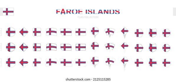 Large collection of Faroe Islands flags of various shapes and effects. Big set of vector flag.
