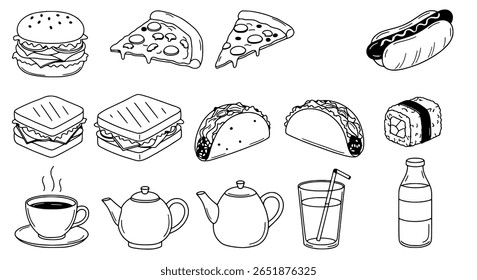 A large collection of fast food doodles in a hand-drawn sketch style. A set of junk food illustrations including burgers, pizza, and tacos.