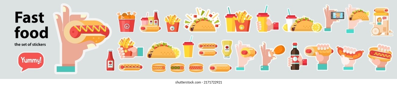 Una gran colección de stickers de comida rápida. Vector clipart.