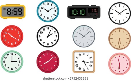 Large collection of flat vector clock and watch icons including digital, analog, and alarm clocks - Powered by Shutterstock - Get 15% off with code: PIKWIZARD15