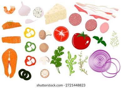 Uma grande coleção de ícones de alimentos vetoriais planos, incluindo salmão, queijo, legumes, carne e ervas. Ingredientes de cozinha isolados para design de receitas e criação de menus.