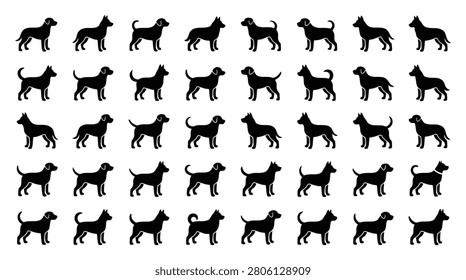 Large collection of forty distinct dog breed silhouettes in black vector style. Set features various breeds including Labradors, Shepherds, and Terriers in standing profile views on white.