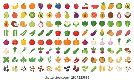 Large collection of fresh fruit, vibrant vegetable, nutritious nuts, and aromatic spice icons, isolated on white background, healthy eating concept, diverse flat vector illustration, essential food ingredients.