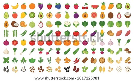 Large collection of fresh fruit, vibrant vegetable, nutritious nuts, and aromatic spice icons, isolated on white background, healthy eating concept, diverse flat vector illustration, essential food ingredients.