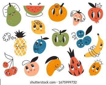 A large collection of fun fruits with different faces and emotions. Banana, cherry, pear, pineapple,  blueberry, Pattaya, plum, watermelon, orange, Apple, mango, peach, strawberry, kiwi, lemon,garnet.