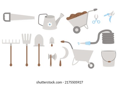 Large collection of garden farming tools. Shovel, rake, pitchfork, bucket, wheelbarrow and watering can, hose and saw, ax and sickle. Vector illustration. Isolated gardening and farming tools