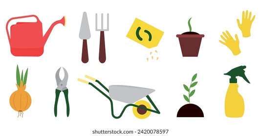 A large collection of garden tools, seeds and plants for the garden. Gardening, growing plants. Design elements in flat cartoon style. Vector illustration.