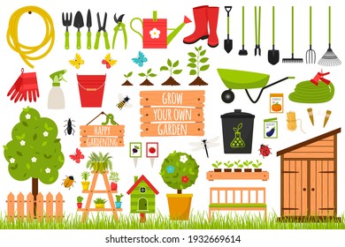 A large collection of garden tools, tools, wooden accessories, plants, insects. Gardening, growing plants. Design elements in a cartoon flat style. Color vector illustrations Isolated on a white svg