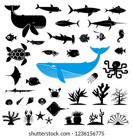 Large collection of geometrically stylized sea animal icons. Pictogram icons representing underwater world. Big fish, aquarium fish, sea weed, crustacean, seashell. Graphic design elements for print a