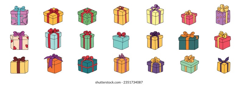 Large collection gift boxes icon. Colored outline present pox set icon isolated on white background. Vector illustration.