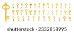 Large collection of golden vintage keys. Keys icons set, isolated. Gold keys signs and symbols collection. Icon, pictogram, vector illustration.