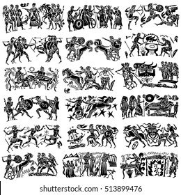 Large collection of Greek songs on a white background. Black silhouettes of the Greek heroes. Tattoos on a thematic topic.