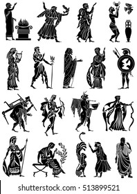 Large collection of Greek songs on a white background. Black silhouettes of the Greek heroes. Tattoos on a thematic topic.