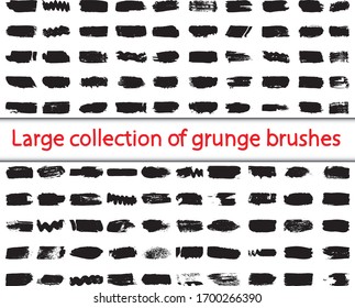 Large collection of grunge brushes. Abstract lines with a dry brush. Smears of black paint. Ink spots on a white background