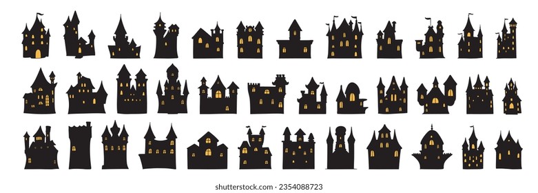 Large collection of Halloween houses with yellow windows. Creepy houses set. Halloween house set icons. Vector illustraiton.