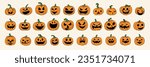 Large collection of Halloween pumpkin icons. Set of Jack o Lantern in doodle style isolated on background. Halloween pumpkin hand drawn logo set. Vector illustration.