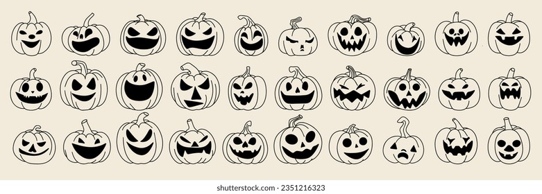 Large collection of Halloween pumpkins outline. Set of Doodle Jack o Lantern. Halloween pumpkin icons set. Vector illustration.