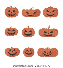 A large collection of Halloween pumpkins with scary faces. Cartoon style.