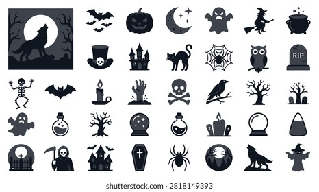 Large collection of Halloween vector icons and illustrations featuring a howling wolf, carved pumpkins, spooky ghosts, witches, haunted houses, skeletons, and cemetery symbols on white.
