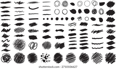 Large collection of hand drawn black grunge brush strokes and rough scribble textures for abstract design elements