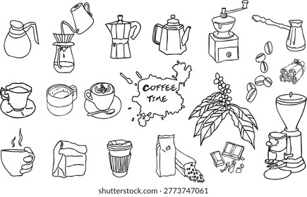 Large collection of hand drawn coffee elements, brewing tools, cups, and beans. Doodle style sketches of moka pot, pour over, manual grinder, and coffee branch for cafe menu design. Vector illustration.