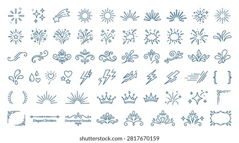 Large collection of hand drawn design elements including fireworks, stars, sunbursts, flowing swirls, crowns, and lightning bolts. Perfect for celebrations, borders, and decorative accents. Simple doodle style illustration.