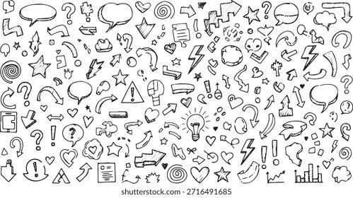A large collection of hand drawn doodle elements including various arrows, speech bubbles, question marks, exclamation marks, stars, hearts, light bulbs, and other symbols, creating a busy and energe.