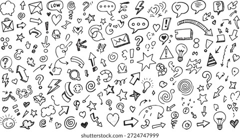 A large collection of hand drawn doodle elements including arrows, speech bubbles, stars, hearts, question marks, and exclamation points, creating a busy and playful pattern.