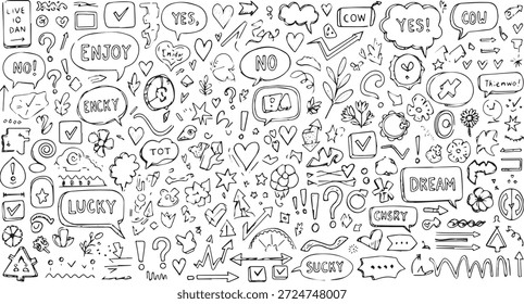 Una Grande colección de Elementos de doodle dibujados a mano que incluyen burbujas de discurso, flechas, corazones, estrellas y varios símbolos, creando un patrón ocupado y juguetón.