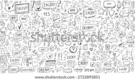 A large collection of hand drawn doodle elements including speech bubbles with words like 'ENJOY', 'YES', 'NO', 'LOVE', 'DREAM', and various arrows, hearts, stars, question marks, and exclamation poi.