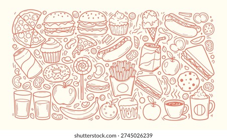 Large collection of hand drawn food and drink icons including fruits sandwiches desserts and coffee in doodle style