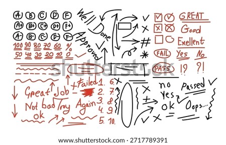 Large collection of hand drawn grading elements, arrows and teacher comments
