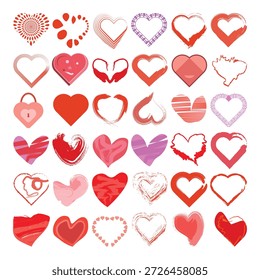 Large collection of hand drawn heart shapes in different styles, colors, and textures. Romantic doodle and sketch vector elements perfect for Valentine’s Day designs, greeting cards, posters, stickers, social media, wedding projects, and love themed decorations.