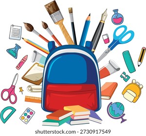 Large collection of hand drawn school stationery and art supplies icons isolated on white background
