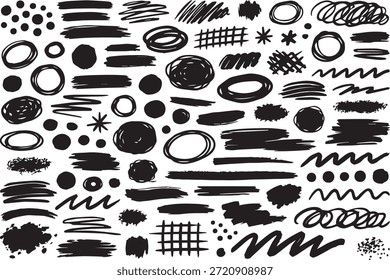 Grande colección de Elementos abstractos dibujados a mano creados con tinta negra y rotulador. Incluye pinceladas, garabatos, círculos, puntos, líneas, remolinos, sombras y texturas ásperas. Estilo incompleto imperfecto con grosor de trazo variado, aislado sobre un fondo blanco limpio. Ideal para gráficos de redes sociales, carteles, revistas, álbumes de recortes, presentaciones, marcas y proyectos de diseño creativo.