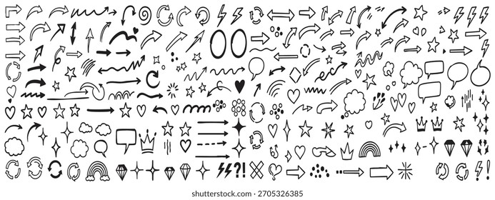 A large collection of hand-drawn, black and white arrows in various styles, shapes, and directions, creating a busy, graphic pattern.
