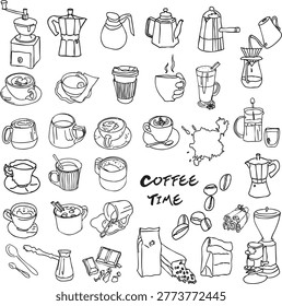 Large collection of hand-drawn coffee doodles featuring moka pots, espresso cups, beans, grinders, and brewing tools in black and white line art style.