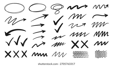 Grande coleção de elementos marcadores desenhados à mão, incluindo setas marcas de seleção cruza e rabisca para apresentações e notas.