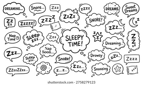 A large collection of hand-drawn vector doodle illustrations featuring sleep-themed speech and thought bubbles. This black and white outline set includes various comic-style balloons containing playful text like 