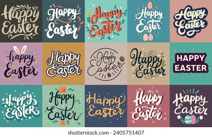 Large collection of Happy Easter inscription. Happy Easter text banners set square composition. Hand drawn vector art