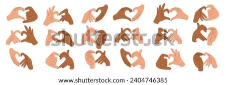 Large collection with the heart sign I love you. A set of Valentine's day images and expressions of love, a gesture of love, heart shapes with both hands. Variety of hands. Halves with different hands