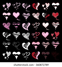 Large collection of hearts, Broken or Bleeding Heart, hand drawn icons and illustrations for Valentines and Anti-Valentines - stock vector