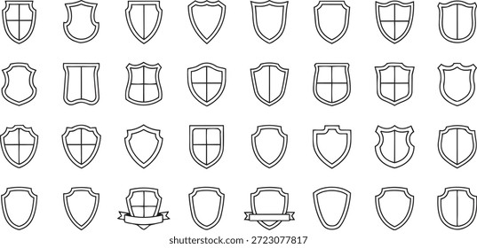 Grande colección de iconos de línea de escudo heráldico y emblemas en blanco del escudo de armas con cintas