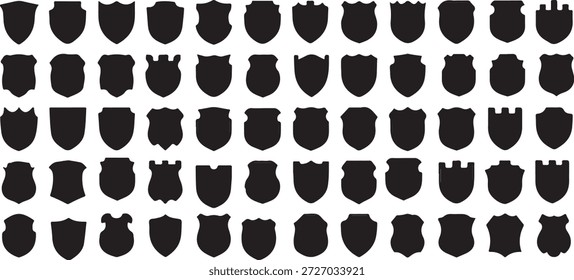 Grande colección de siluetas de escudo heráldico, contornos de cresta medieval y conjunto de iconos de insignias de seguridad, Formas de escudo negro de Vector para diseño de logotipo